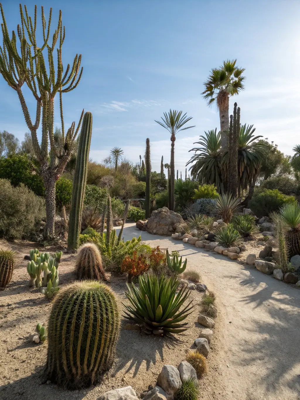 A vibrant photograph showcasing a meticulously designed rock garden with various succulents and drought-resistant plants, highlighting Florana Company's expertise in sustainable landscaping.