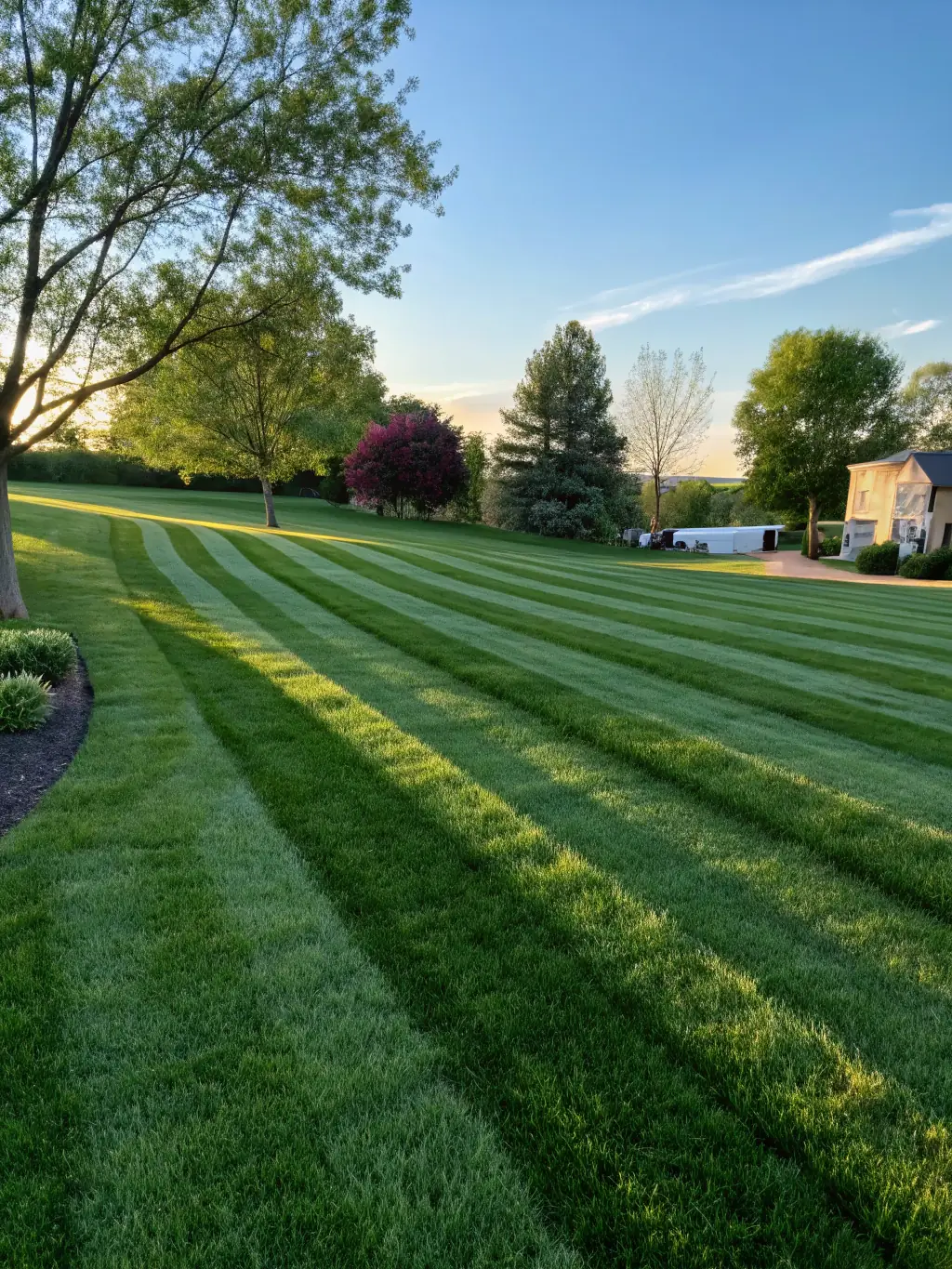 A lush, green lawn with perfectly trimmed hedges and colorful flowerbeds, illustrating Florana Company's comprehensive lawn care and maintenance services.
