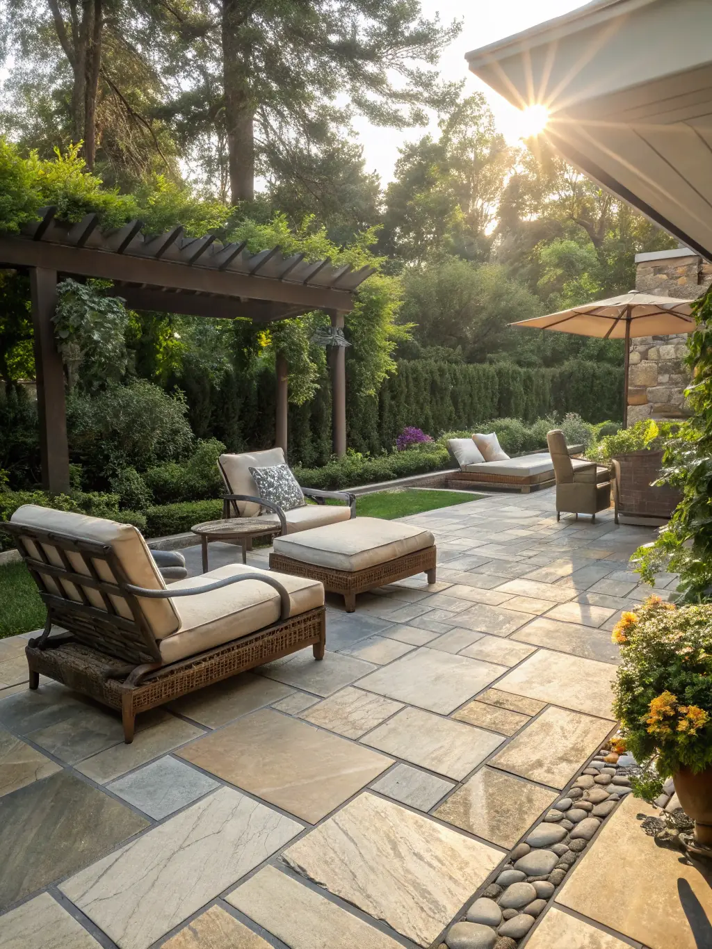 A custom-designed patio with comfortable seating, ambient lighting, and potted plants, demonstrating Florana Company's ability to create inviting outdoor living spaces.